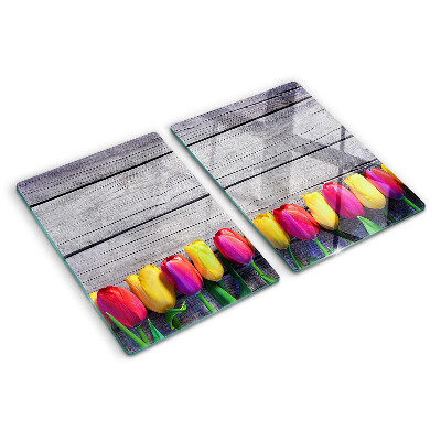 Planche à découper verre Tulipes sur fond de bois