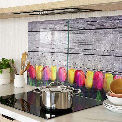 Planche à découper verre Tulipes sur fond de bois