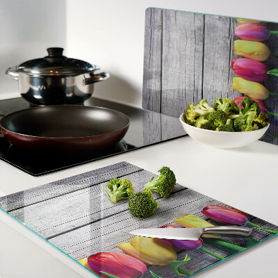 Planche à découper verre Tulipes sur fond de bois