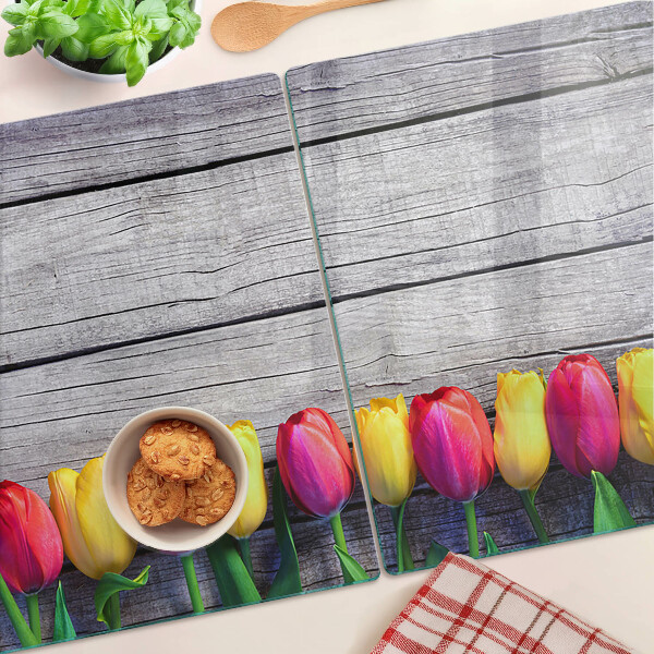 Planche à découper verre Tulipes sur fond de bois