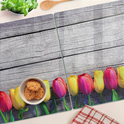 Planche à découper verre Tulipes sur fond de bois