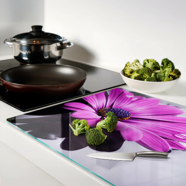 Planche à découper verre Fleur violette avec des gouttes d'eau