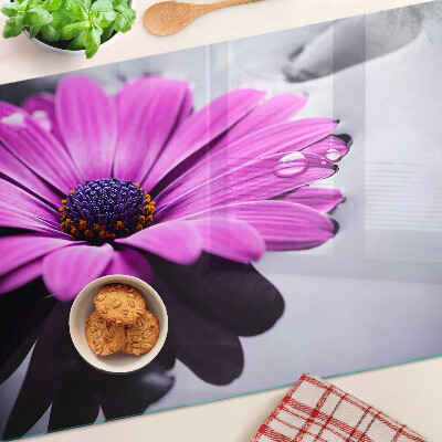 Planche à découper verre Fleur violette avec des gouttes d'eau