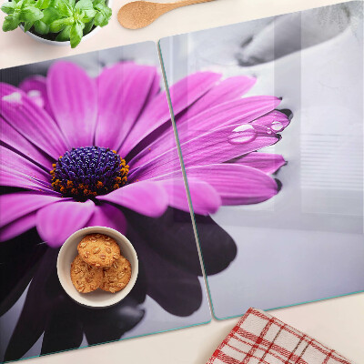 Planche à découper verre Fleur violette avec des gouttes d'eau