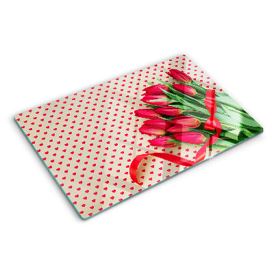 Planche à découper verre Tulipes avec coeurs et ruban