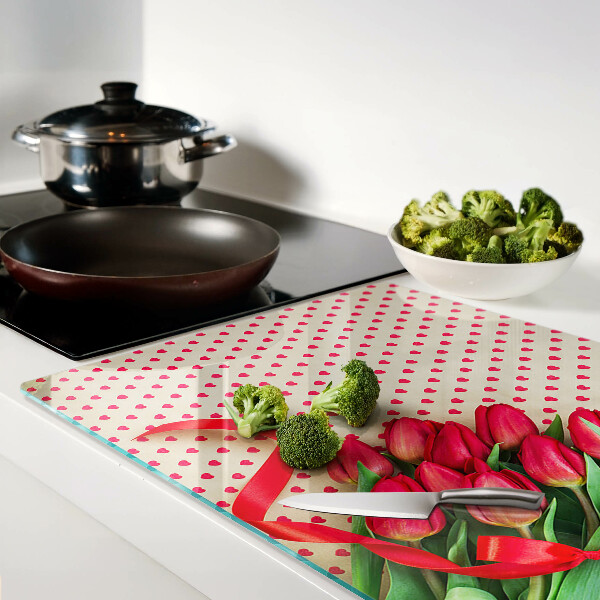 Planche à découper verre Tulipes avec coeurs et ruban