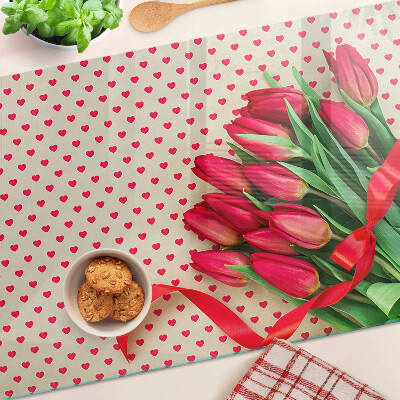 Planche à découper verre Tulipes avec coeurs et ruban