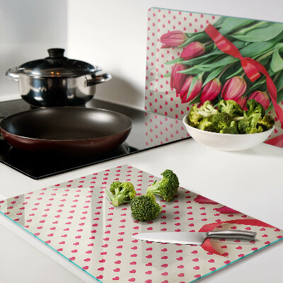 Planche à découper verre Tulipes avec coeurs et ruban