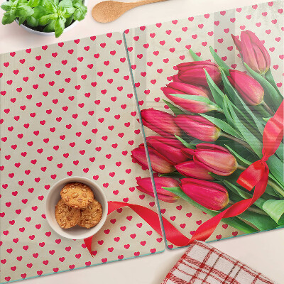 Planche à découper verre Tulipes avec coeurs et ruban