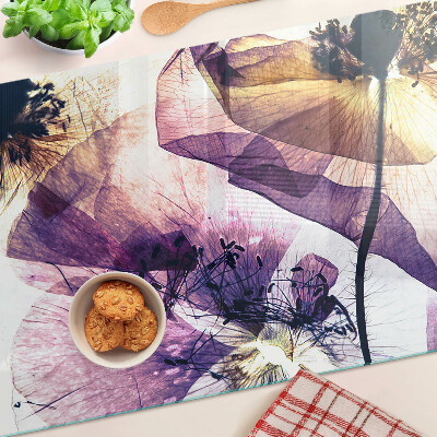Planche à découper verre Fleurs dans les tons de violet et de jaune