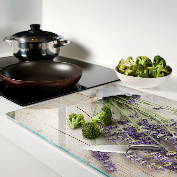 Planche à découper en verre Lavande en pot sur fond de bois