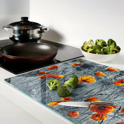 Planche à découper en verre Paysage de coquelicots aux nuances de gris