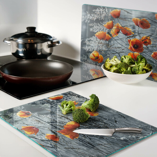 Planche à découper en verre Paysage de coquelicots aux nuances de gris