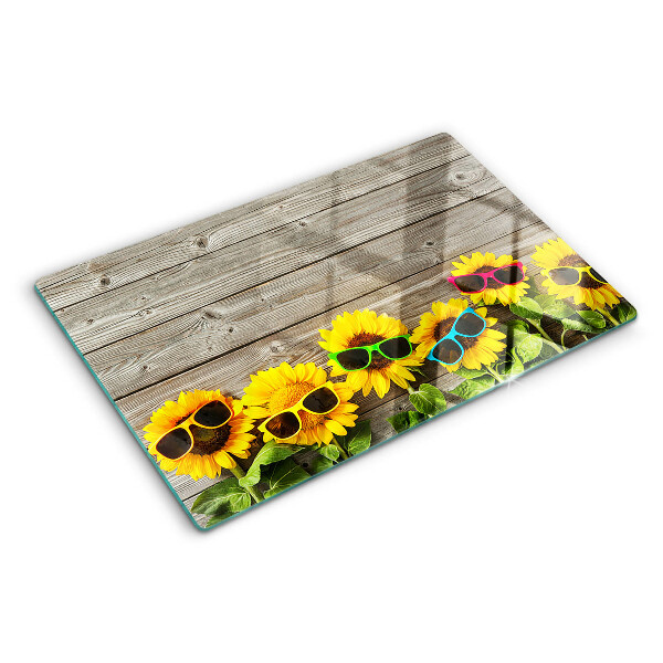 Planche à découper verre Tournesols dans des lunettes de soleil