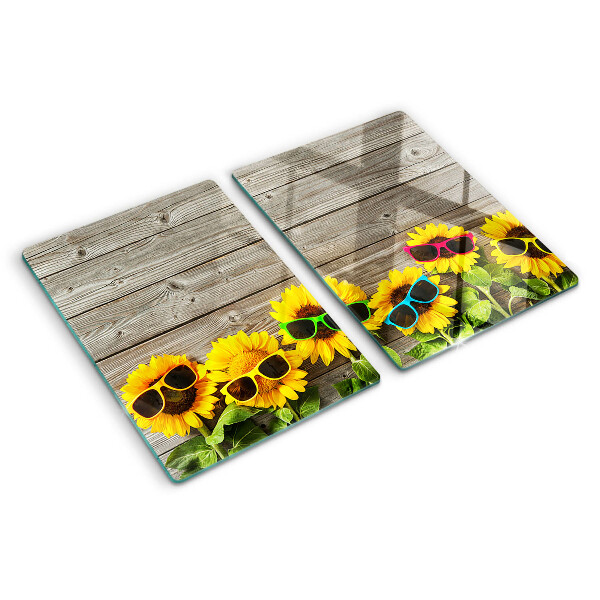 Planche à découper verre Tournesols dans des lunettes de soleil