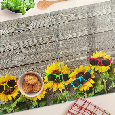 Planche à découper verre Tournesols dans des lunettes de soleil