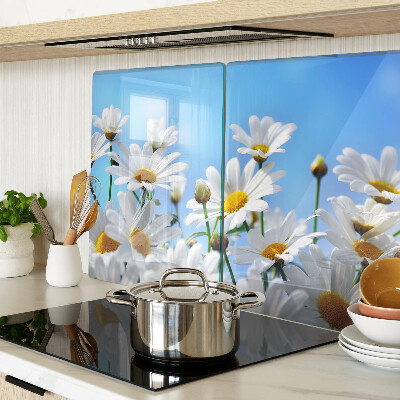 Planche à découper en verre Fleurs de marguerite sur fond bleu