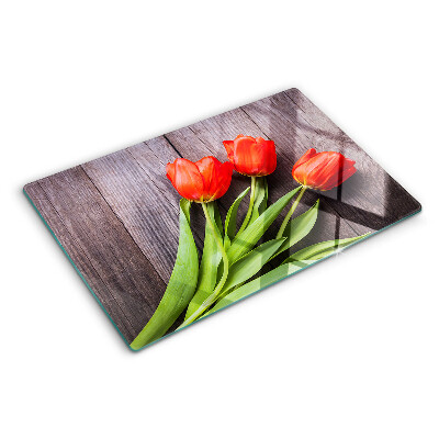 Planche à découper verre Tulipes sur fond de bois