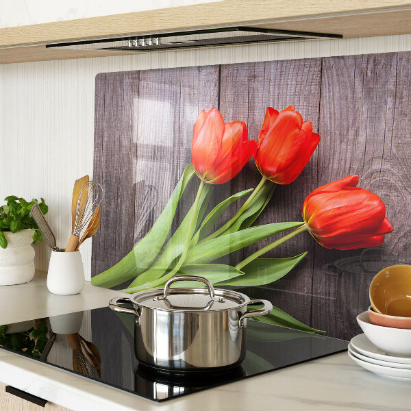 Planche à découper verre Tulipes sur fond de bois