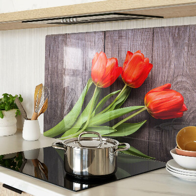 Planche à découper verre Tulipes sur fond de bois