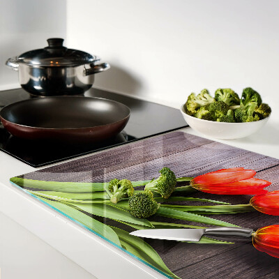 Planche à découper verre Tulipes sur fond de bois