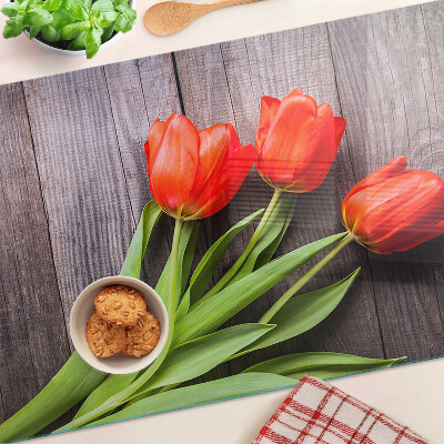 Planche à découper verre Tulipes sur fond de bois