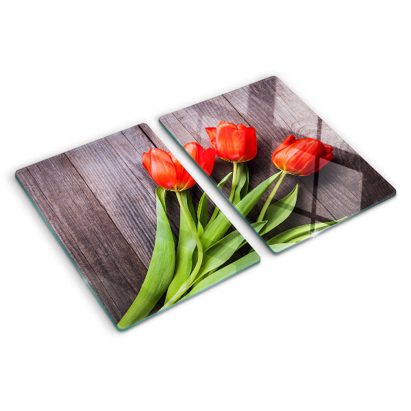 Planche à découper verre Tulipes sur fond de bois