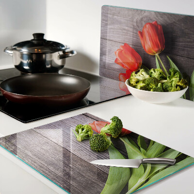 Planche à découper verre Tulipes sur fond de bois