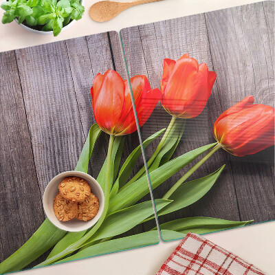 Planche à découper verre Tulipes sur fond de bois