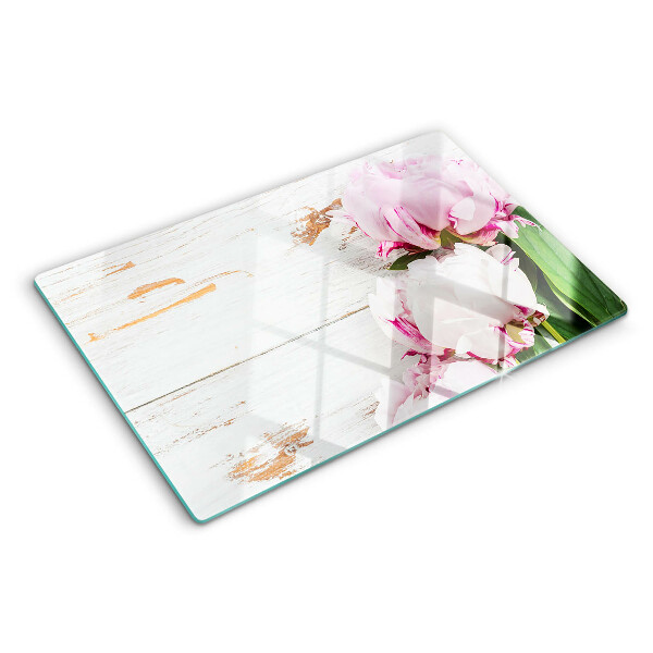 Planche à découper verre Fleurs de pivoine sur fond de bois