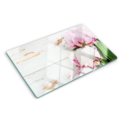 Planche à découper verre Fleurs de pivoine sur fond de bois