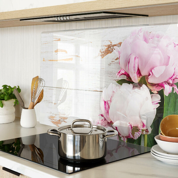 Planche à découper verre Fleurs de pivoine sur fond de bois