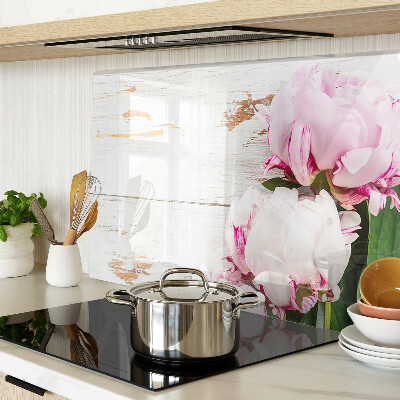 Planche à découper verre Fleurs de pivoine sur fond de bois