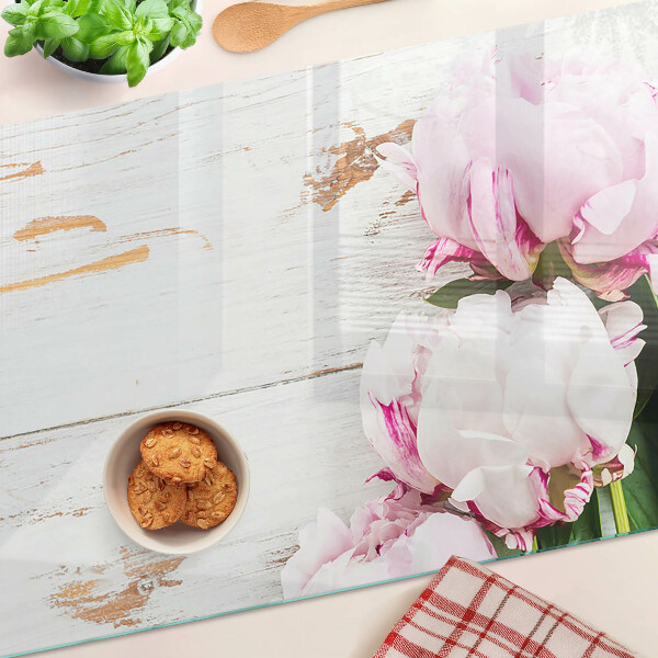 Planche à découper verre Fleurs de pivoine sur fond de bois