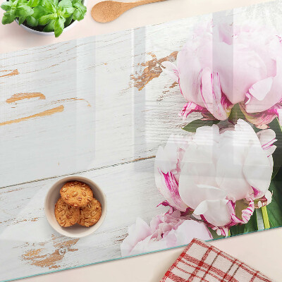 Planche à découper verre Fleurs de pivoine sur fond de bois