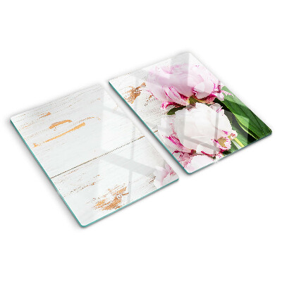 Planche à découper verre Fleurs de pivoine sur fond de bois