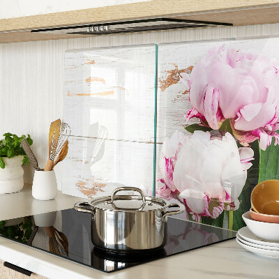 Planche à découper verre Fleurs de pivoine sur fond de bois