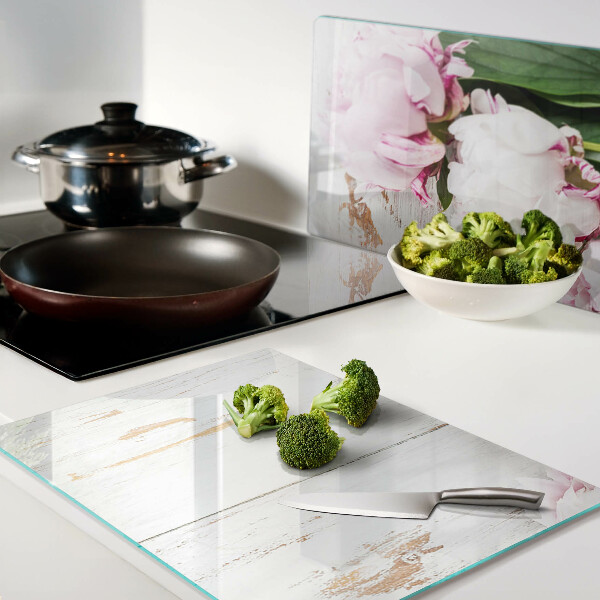 Planche à découper verre Fleurs de pivoine sur fond de bois