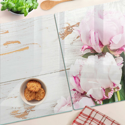 Planche à découper verre Fleurs de pivoine sur fond de bois