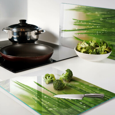 Planche à découper verre Herbe avec des gouttes d'eau