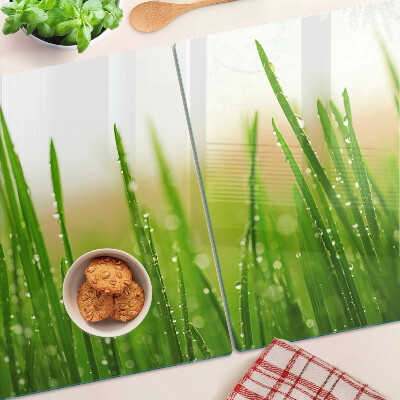 Planche à découper verre Herbe avec des gouttes d'eau