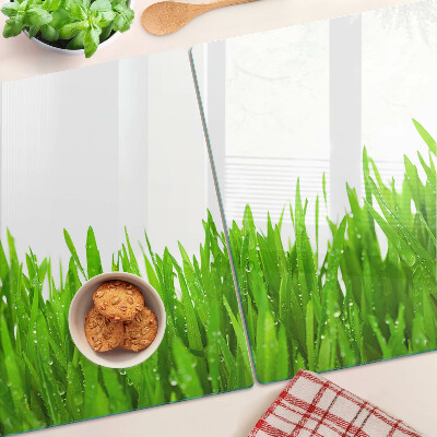 Planche à découper verre Herbe verte avec des gouttes d'eau