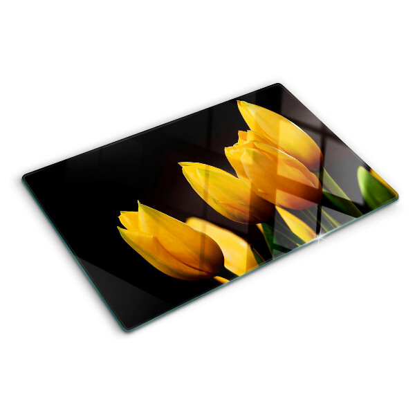 Planche à découper en verre Tulipes jaunes sur fond noir