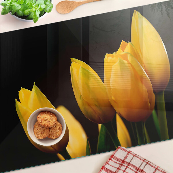 Planche à découper en verre Tulipes jaunes sur fond noir
