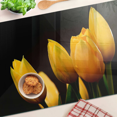 Planche à découper en verre Tulipes jaunes sur fond noir