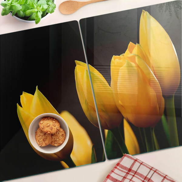 Planche à découper en verre Tulipes jaunes sur fond noir