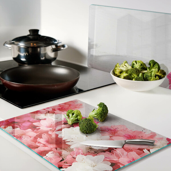 Planche à découper en verre Fleurs dans les tons de rose et de blanc