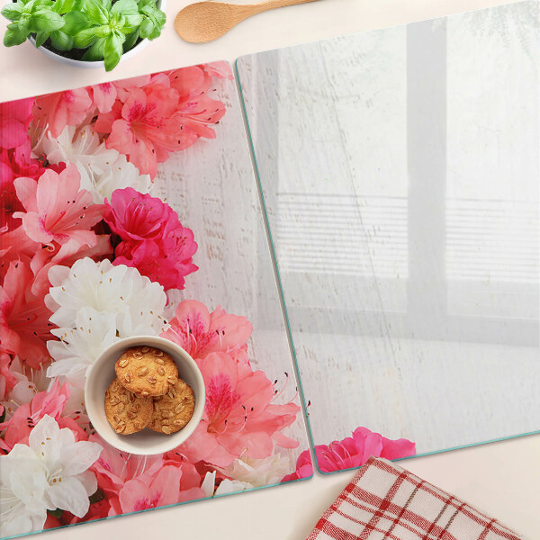 Planche à découper en verre Fleurs dans les tons de rose et de blanc