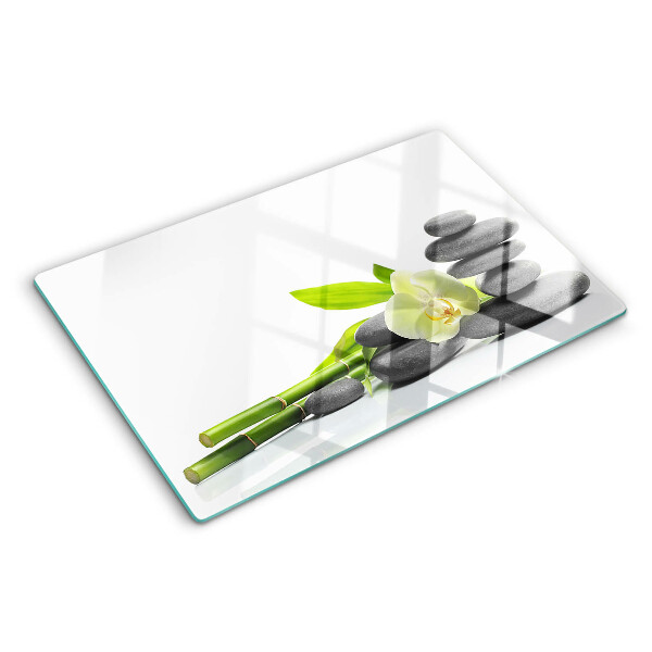 Planche à découper en verre Orchidée et pierres de spa