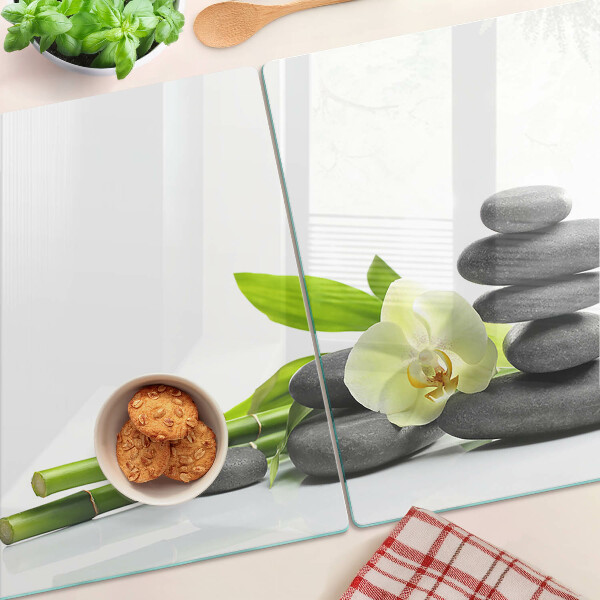 Planche à découper en verre Orchidée et pierres de spa